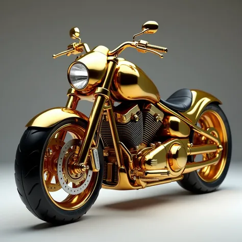 This image shows a luxurious, fully golden motorcycle with a sleek, futuristic design. The bike features a round headlight, sporty handlebars, intricate engine detailing, a dual suspension system, and a single-seater black leather saddle. It exudes a premi...