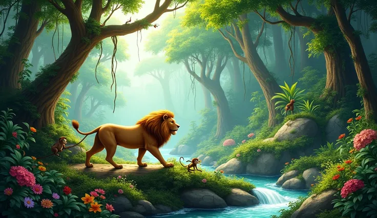 A dense jungle with lush greenery, filled with towering trees, colorful flowers, and a sparkling stream. The scene features various animals peacefully coexisting, like birds in the trees and a monkey swinging from vines. A majestic lion walks confidently a...