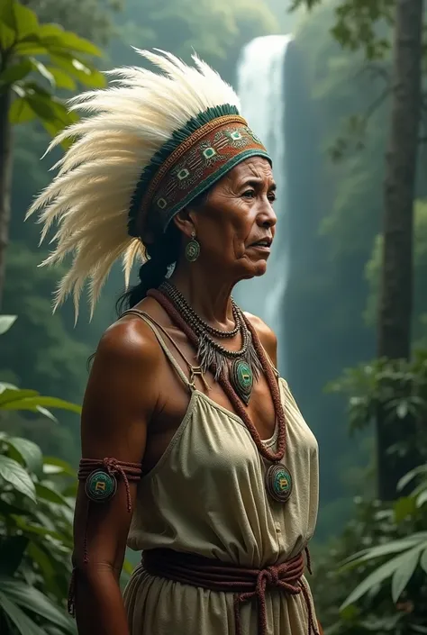   an indigenous Brazilian   ,    Around 60 years old   ,     wearing a white headdress and indigenous costume,  Made from feathers and natural white fabrics   . In the background,     a dense and vibrant forest extends   ,     with tall trees and lush foli...