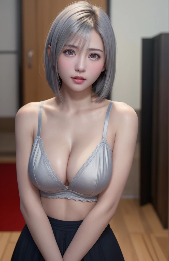 (8k, photorealistic,  RAW photos ,  best quality: 1.3), ( one girl ), 超beautiful, ( realistic face), ( boyish,  silvery berry short hair), beautiful ,  captivate the audience , beautiful expression, beautiful breasts, (  real skin ), be...