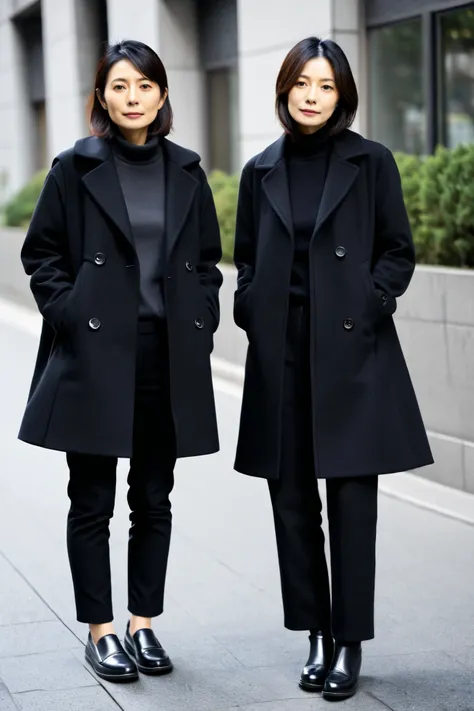 Japanese people in their 30s。For skinny pants、 Women in Black Coats 。 nasolabial folds and wrinkles on the outer corner of the eye stand out。 slightly depressed expression on skinny pants 。
