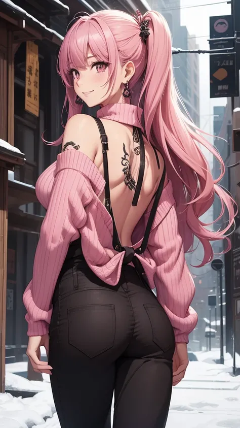  A 20-year-old woman 、 pink hair、Long twin tails、 big smile、 medium breasts、 Tender Breasts 、 Excellent Thigh View 、Fishnet stockings、＜ Quality Improvement Tips ＞ ＜Character appearance、背景和Other tips＞ rest (Pink theme:1.4), ( Vivid colors :1.3), (Pink sweat...