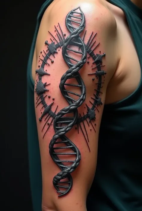 Create a tattoo of a chain of DNA and RNA that goes around the entire diameter of the arm along with a chain of RNA that also goes around the diameter of the arm in the way that the chains meet themselves and form a circle with themselves
