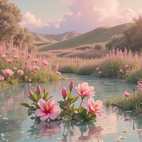 An aesthetic Y2K-inspired collage of dreamy pastel nature scenes, featuring soft pink and purple skies at sunset, blooming wildflowers on rolling hills, a tranquil pond with lily pads reflecting the surrounding lush greenery, and sparkling water with delic...