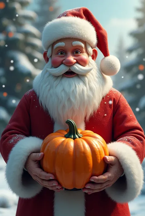  A Santa Claus holding an orange pumpkin , a realistic pumpkin without eyes without a mouth  