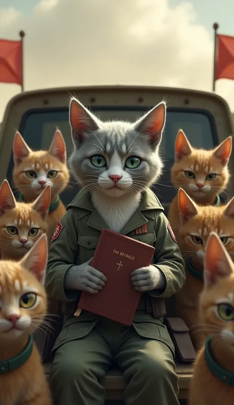 A realist, "In a military truck, the humanoid cat protagonist, with short gray fur, a white patch on his chest, and bright green eyes, wears a simple military uniform and sits upright, holding his Bible to his chest. Other humanoid cat soldiers, of various...