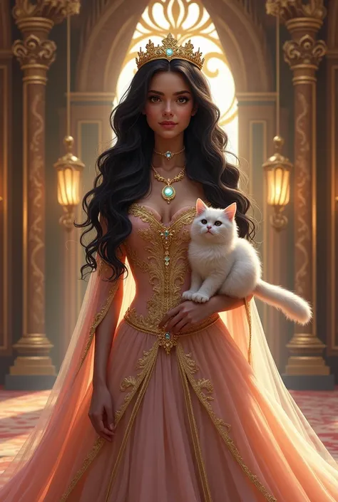 Beautiful teenage princess in the palace
Her wear the frock and crown
Wear magic necklace 
She has long black wavy hair and pet of cute white cat 