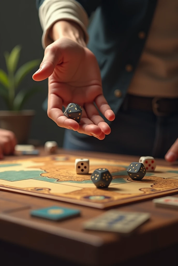 Picture a scene where one hand throws and rolls dice on a board game desk.