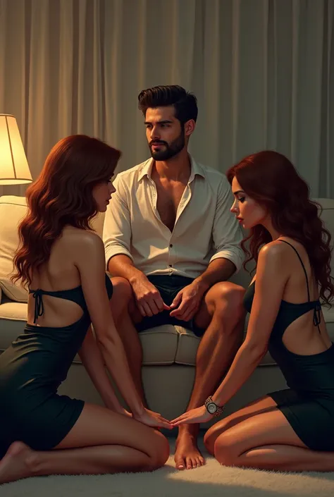  A man with dark brown hair and a short beard .  Two women are kneeling on the floor ,  massaging the feet of the man . A woman,  with slightly wavy reddish brown hair,  big boobs,  narrow waist is kneeling on the floor , observing.  Dressed in a skirt and...