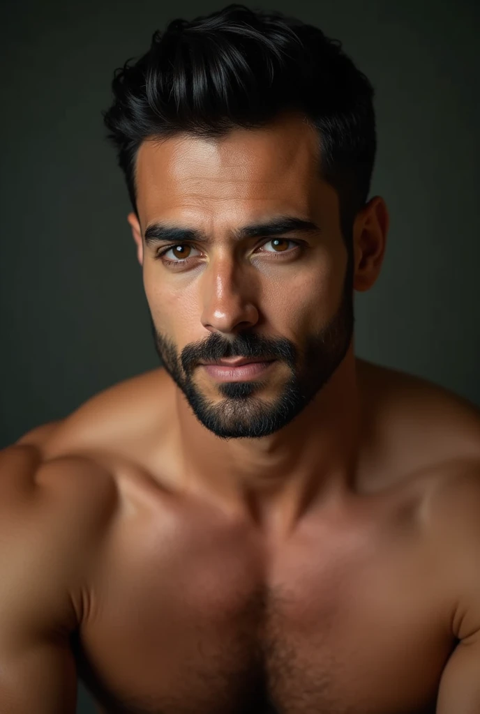  Mature man between 30 and 50 years old , very sexy, Hispanic , olive skin,  dark brown hair , trimmed beard, dark almond-shaped eyes , athletic, beautiful,  with pectorals and large nipples , y pecho velludo oscuro beautiful de mirada penetrante y porte e...