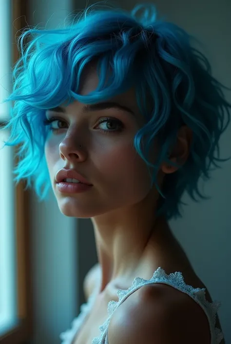  beautiful girl around ,  epic character composition , cutting фокус,  natural light,  subsurface scattering , 85 mm, film grain,dark skin ( fully coincides with the neon blue wavy short hair)+, сверхcutting фокус,  realistic shot , сверх realistic photo ,...