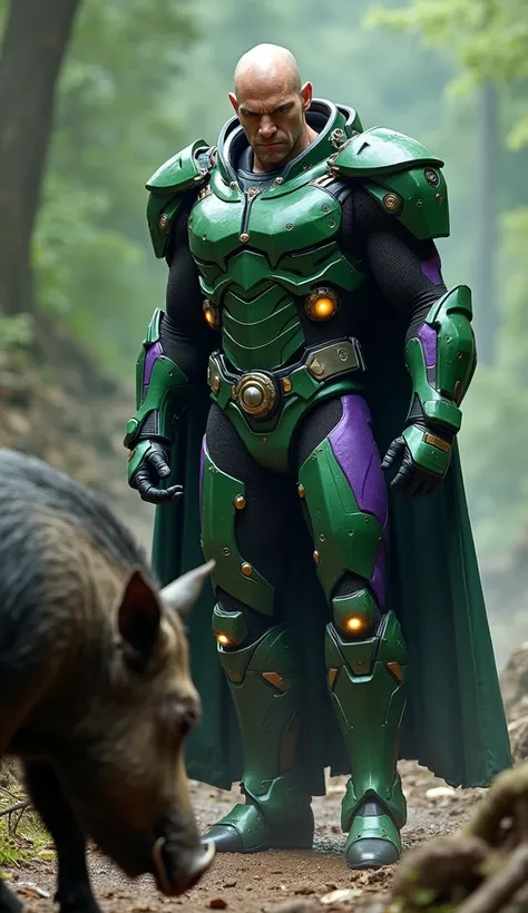 Lex Luthor DC in green and purple armor looking at a wild boar