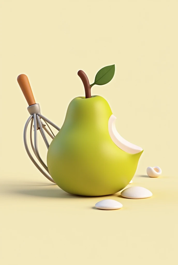 Logo of a bitten pear like the Apple brand and behind a manual pastry beater, The image is not so realistic 