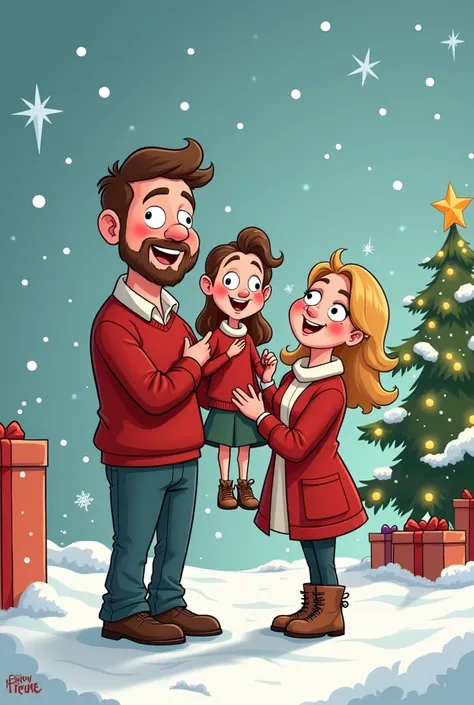 Funny Christmas Caricature of Couple with Big Daughter in Cartoon Style