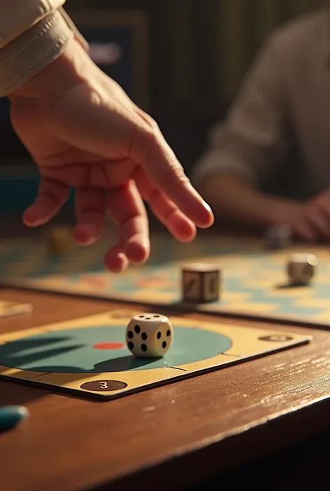 Picture a scene where one hand throws and rolls dice on a board game desk.