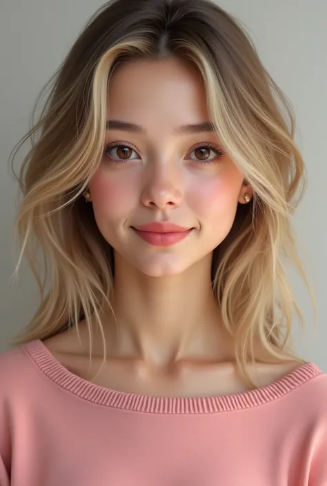 Girl in her 18s, blonde straith hair, dark brown eyes, pink sweater, little smile, realistic