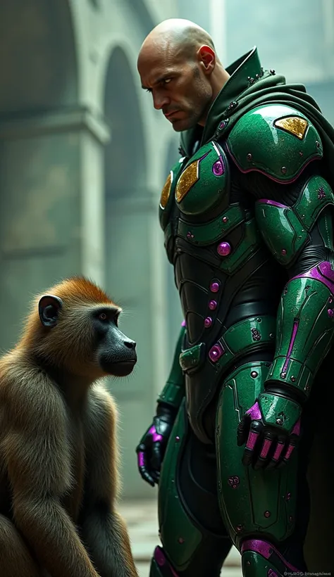 Lex Luthor DC in green and purple armor looking at a baboon 