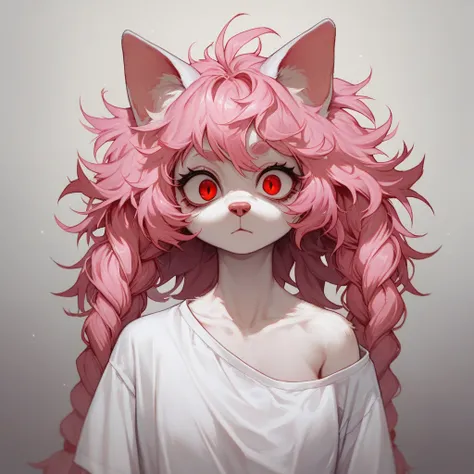 score_9, score_8_up, mobian, dog, solo, pink cat ears, white fur, oversized shirt, medium pink hair, braids, messy hair, red eyes, blank stare,