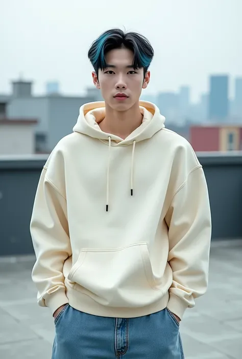 Handsome Korean Young Guy, Photoshoot, Idol, At Korean Rooftop, Wearing a Cream Hoodie, Wearing Baggy Jeans, Highly Detailed, Detailed Face, Detailed Hair Ultra HD, Young Face, Handsome Face, Korean, Handsome, Black hair Highlighted Blue