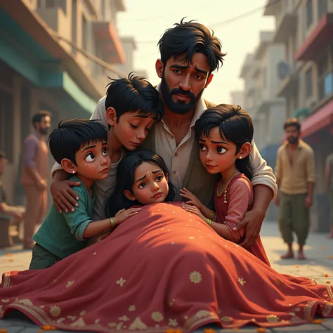 Background: City area, clean streets, mourning outside a big house.

Description: Meeras funeral pyre is being prepared. Raghu and three small ren (two boys and a girl) are shedding tears. The ren are crying while hugging Meeras body. Raghus face is full o...