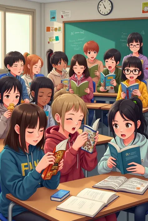  read comics and have snacks in their mouths（Students in the classroom ）

