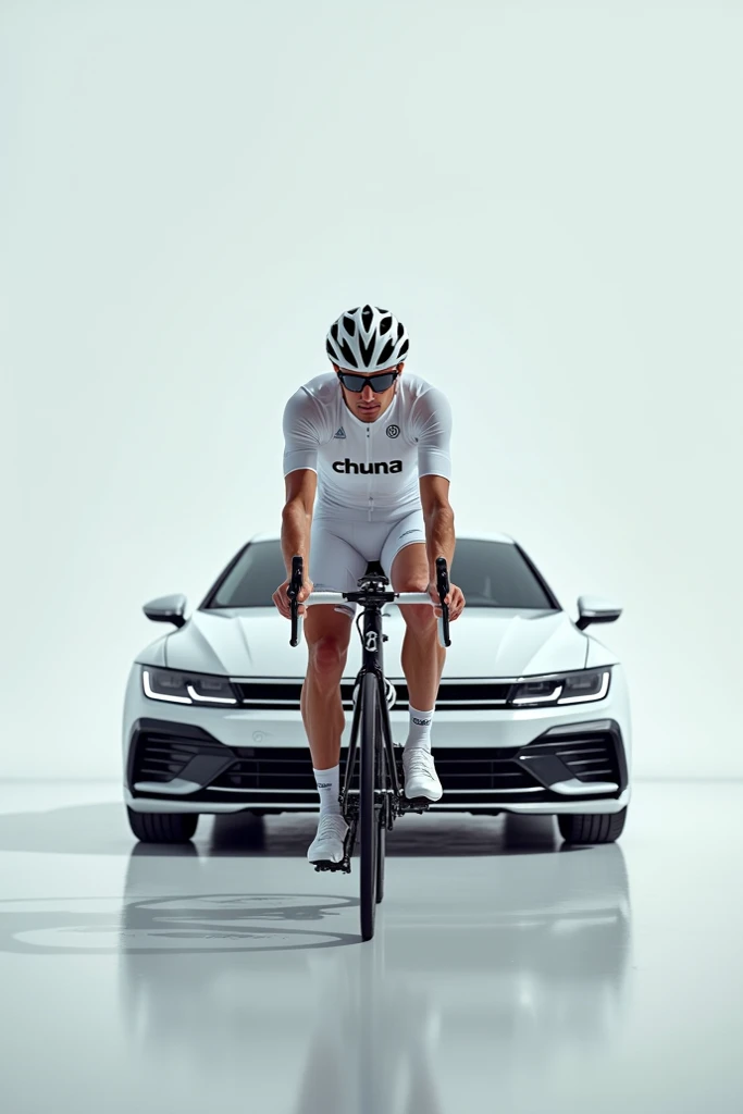 Cyclist with Logo Chuna on White racing kit in front of White golf 8 R line