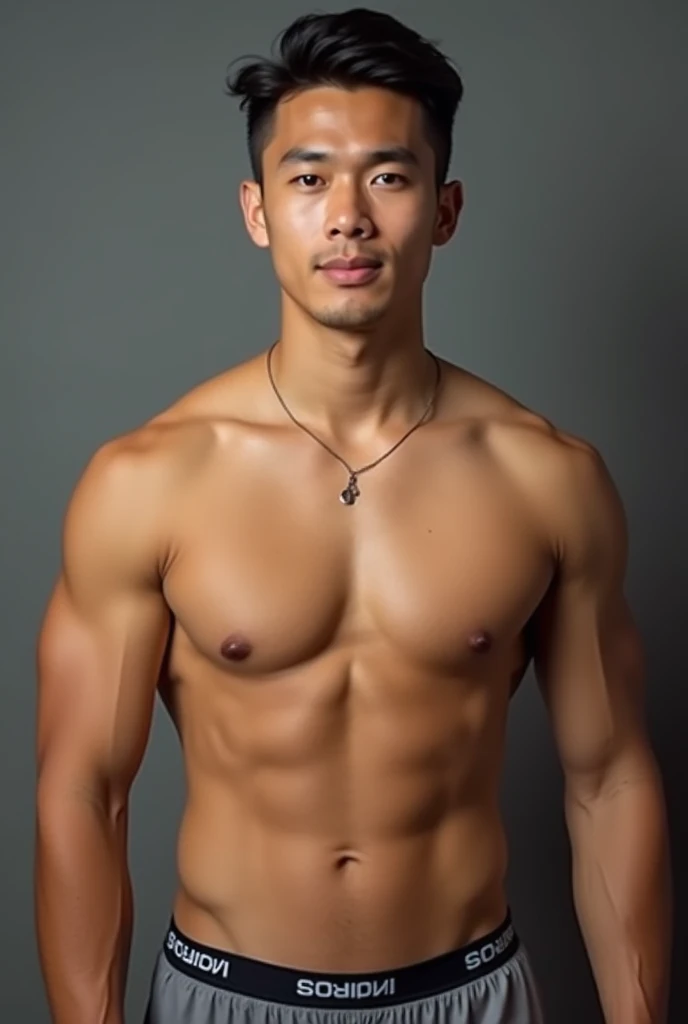 Malay guy shirtless where his body is normal and wearing boxer