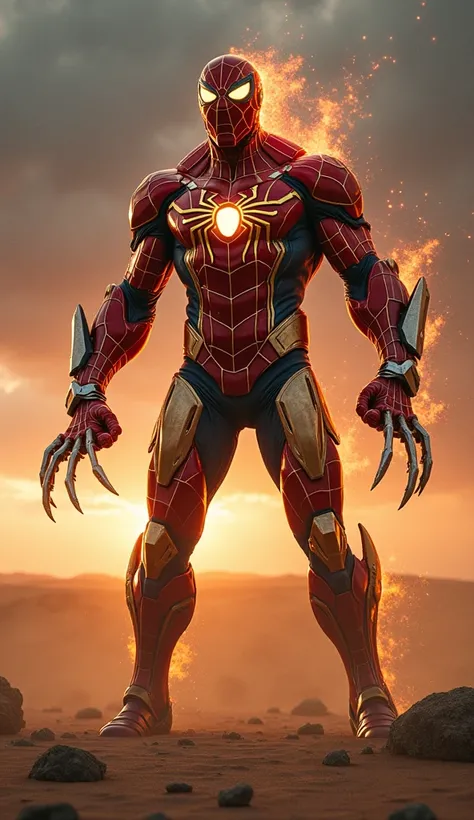 A cinematic depiction of a powerful hybrid character that fuses the elements of Spider-Man and Iron Man, standing in a desolate desert with a threatening presence. The creature features the muscular physique of Spider-Man, covered in metallic web-like patt...