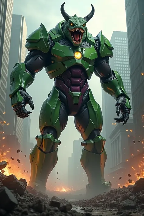 Lex Luthor DC in green and purple armor with the head of a furious Moloch Horridus destroying the city