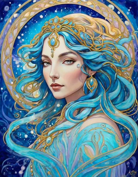 Feminine Art, Spiritual Feminine Art, New Art Nouveau, Symbol of Infinite Sacred Feminine, spiritual art, goddess aquarius woman art, Enchanting Art Nouveau Inspired Portrait of a Graceful goddess aquarius, Vibrant Femininity