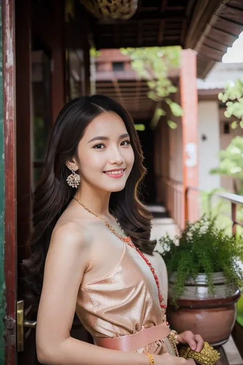   masterpieces  ,   is anatomically correct,  ,    high definition   ,   Best Quality ,  high-profile room,  woman ,   dark brown hair  ,  natural curls  ,  with perfect hands ,Perfectly beautiful hands, smileopen mouth ,   Wearing a pink Thai dress sittin...