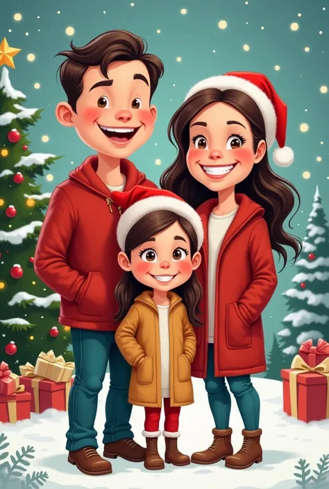 Funny Christmas Caricature of Couple with Adult Daughter in Cartoon Style