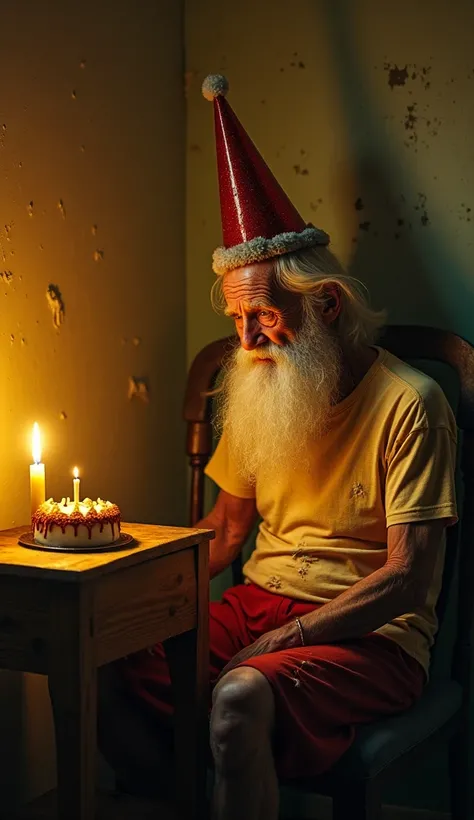 A frail and delicate-looking Santa Claus sits on a worn, old chair in a room dimly lit by the yellow glow of candles on the table. He is dressed in a torn T-shirt and pants, reflecting neglect and the hardships of his life. His deeply wrinkled face, with t...