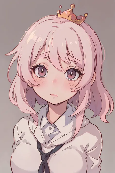 (best quality:0.8) anime-style portrait featuring a girl with a soft, rounded face framed by a sharp, pastel pink bob haircut. The hair falls in clean, even layers, with a blunt fringe neatly lining her forehead, while two playful side ponytails are tied w...