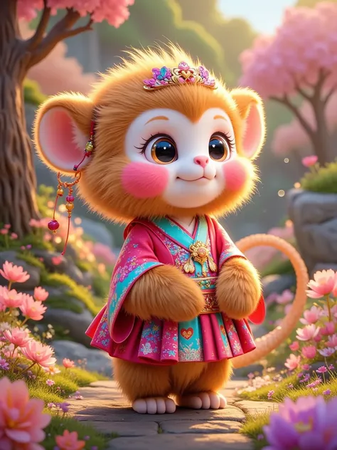  Q version, the cute little golden snub-nosed monkey ，Round face contour，穿着Bright colors的蓬松迷你汉服，Fluffy design，With little golden snub-nosed monkey ornaments ， ， The background elements are full of dreamy fairytale-like scenes and depth。8K Ultra HD， Photore...