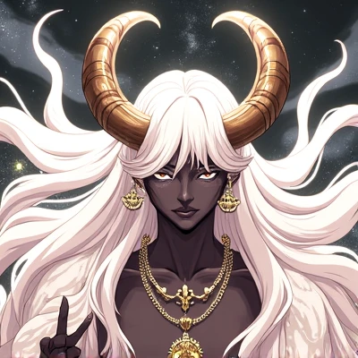  The character is an imposing figure with long, white hair that flows like a cloak of light. Your horns, majestic and curved ,  stand out from his head ,  accentuating his supernatural nature .  The skin is deep dark gray ,  that transmits an aura of myste...