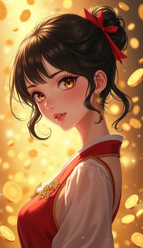 Anime girl, cute, wealthy , millionare anime girl, ultra-fine illustration, vibrant colors, beautiful anatomy, close mouth , silence mouth, side view pose, gold money background,