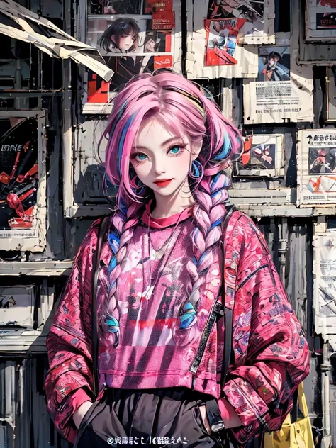 Create an image of a cute Japanese girl idol with black, straight, and slightly messy hair, styled in a dynamic, youthful way. She’s wearing a vibrant, colorful neon Joker-inspired outfit, combining playful and edgy elements. Her makeup reflects a bold Jok...