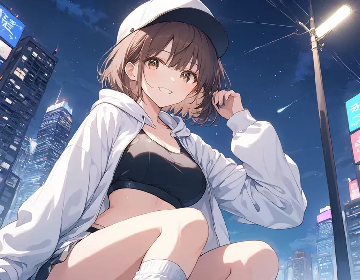 Anime Style, 1 woman, wearing a hat, brown hair, short bob, blowing in the wind , dark eyes,Sparkling Eyes,Sparkling Eyesのハイライト ストリートダンサーの衣装, wear a sports bra, Wear a White Hoodie ,Cap Hat, loose socks,sweat, best smile,A moment of youth, Emphasis on wome...