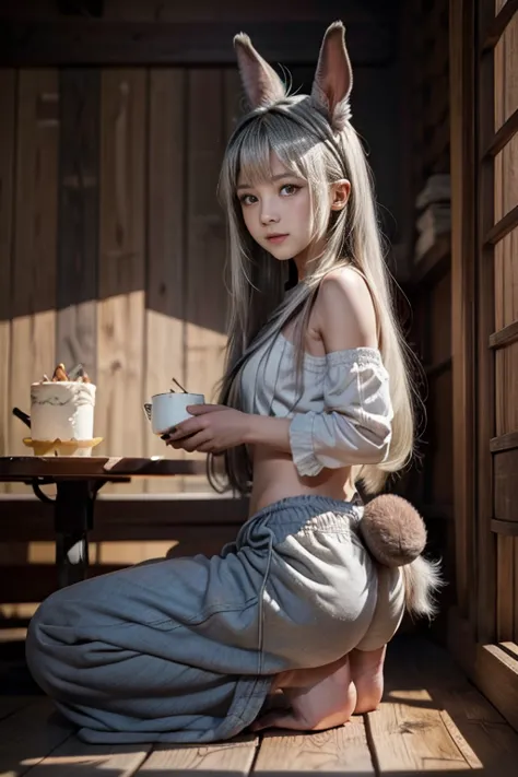 ki\(made in abyss,male,lovely,hairy,have,rabbit ears,silver hair,long hair,baggy pants,tail,smile\)sitting and eating weird food...