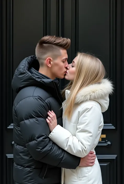  create an image showing two people kissing in front of a luxurious large black apartment door. 16-year-old boy, Beauty like Lachowski ,  wet brown buzz cut hair ,  brown eyes ,  tanned skin , Athletic Physique.  Wearing a puffer jacket  "North face".  kis...