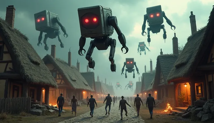 Now generate an image of scary computers attacking this village. Computers should be both flying and running after citizens