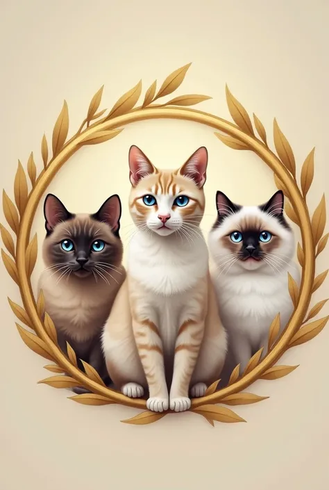 Create golden circle inside of it put three cat breeds: siamese, birman and ragdoll, let the picture be royal like an memorable, just golden circle and cats, behind them beige color nothing else. Make cats very beautiful and not very similar