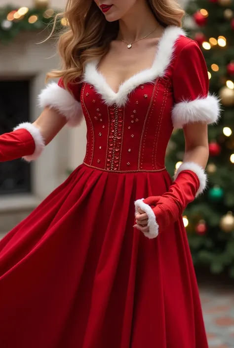 a sketch of a small dress with a skirt and the top is not really plain and has some crystal red gems design short sleeve  U shaped neck line, with red gloves with white trimming at the end it’s red christmas theme something you can dance in but only for a ...