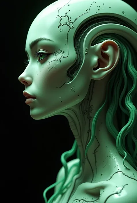 A mesmerizing close-up portrait of an alien woman, her striking features blending extraterrestrial elegance with subtle mechanical elements. Her skin has a smooth, otherworldly texture, adorned with small, organic patterns. Her long, wavy hair cascades aro...