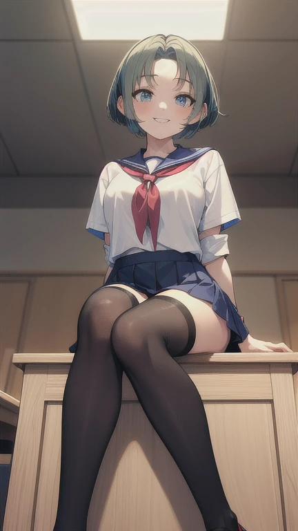 (masterpiece,  best quality :1.2),( super high resolution),(Ultra-detailed face)( black stockings :1.2) adult woman, 1 woman,Alone, toshinden_Ellis,stand,whole body, view from below, school uniform sitting on a pedestal, Blue Miniskirt, red neckerchief, bl...