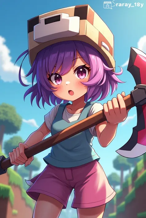  anime character ,  wearing a Minecraft helmet, And a female pickaxe ,  logo with the name raray _18y