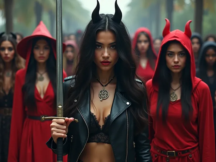 Several sexy witches, Holding a sword.  black hair , some dressed in red and others dressed in black, black leather jacket,  pentagram necklace,  short clothes, Temple of Persephone, palmeiras in the background,  some with demon horns and others with witch...