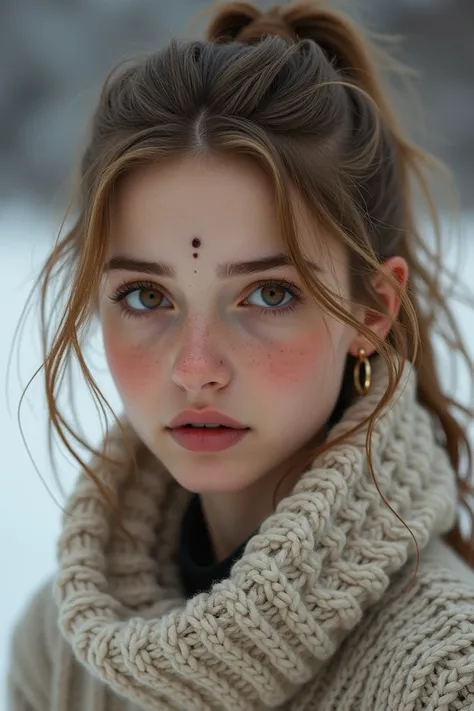 Girl in her 17s, blonde ponytail, dark brown eyes, sweater, winter, jewerly, scar on forehead 