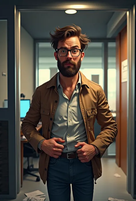 (close-up:1.2) A hyper-realistic, ultra-detailed illustration of a bearded man with glasses, disheveled yet charming, stepping out of an office. He is hurriedly buttoning up his shirt with one hand while adjusting his pants with the other. His expression i...